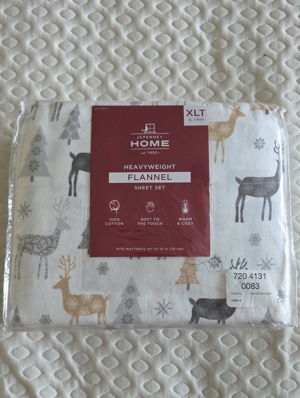 JCPenney Home Heavyweight Flannel Sheet Set - Reindeer Print (White, Gray, Gold)
